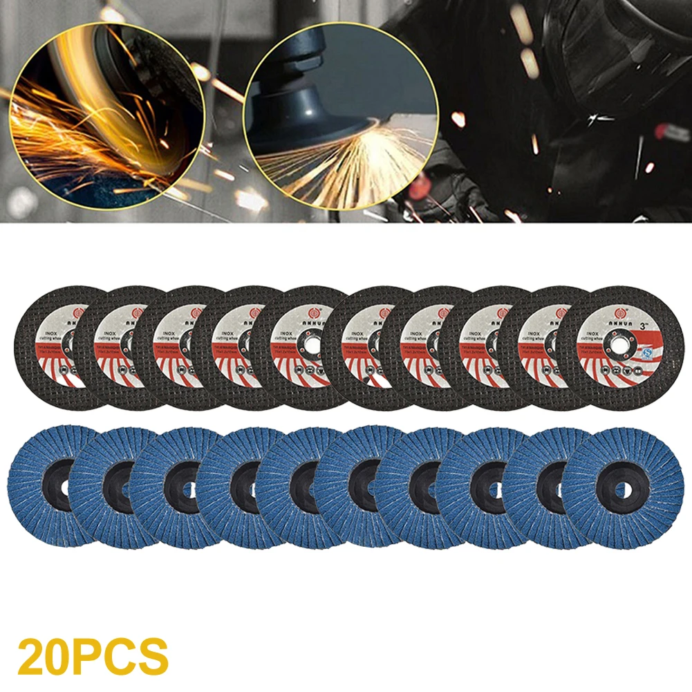 20Pcs 75mm Cutting And Flap Discs Set Composite Corundum Grinding Wheel For Angle Grinder Polishing For Tile Wood Stone Steel To