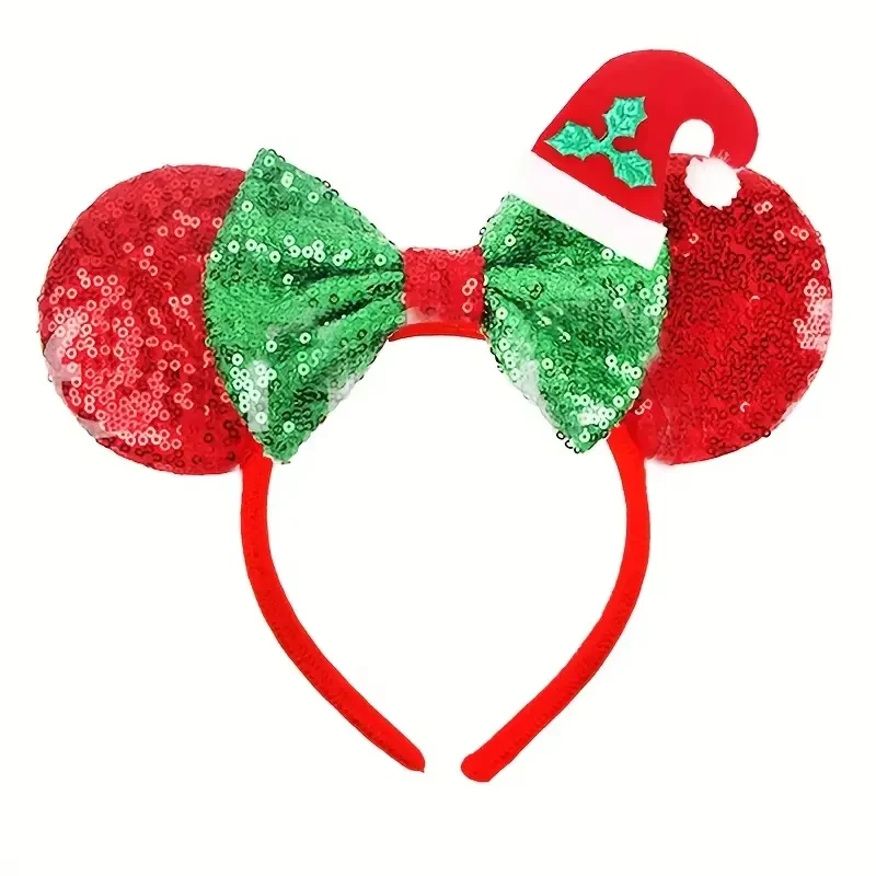 Weihnachtliches Mickey-Mouse-Ohren-Haarband für Damen – mit Schleifenband und Weihnachtsmann-Mütze – Detail 4