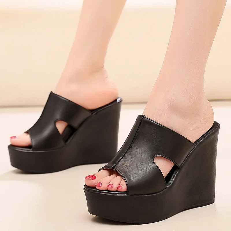 Small Plus Size 33-43 Fashion Genuine Leather Shoes Women\'s Wedges Slippers Summer 2024 High Heels Platform Slides Office Model