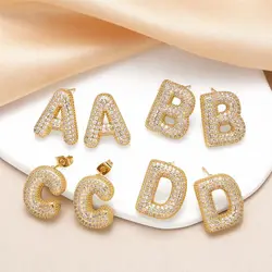Dainty Balloon Crystal Bubble Letter Earrings for Women Chunky Gold Plated Initial Ear Studs Name Statement Jewelry Gifts