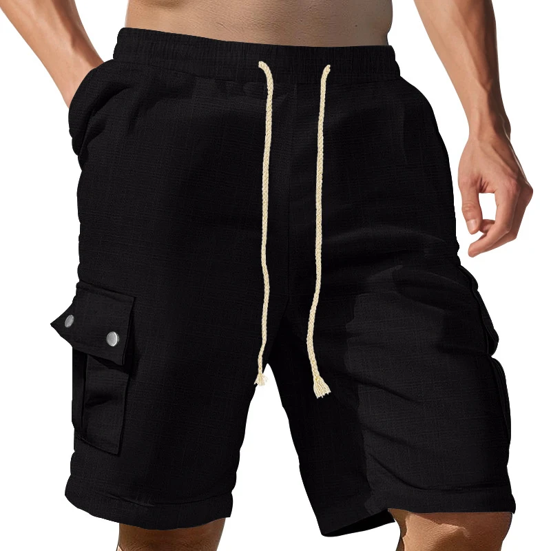 Casual Pockets Cargo Shorts Mens Spring Summer Fashion Drawstring Solid Color Loose Shorts Men Beach Breathable Cotton Shorts