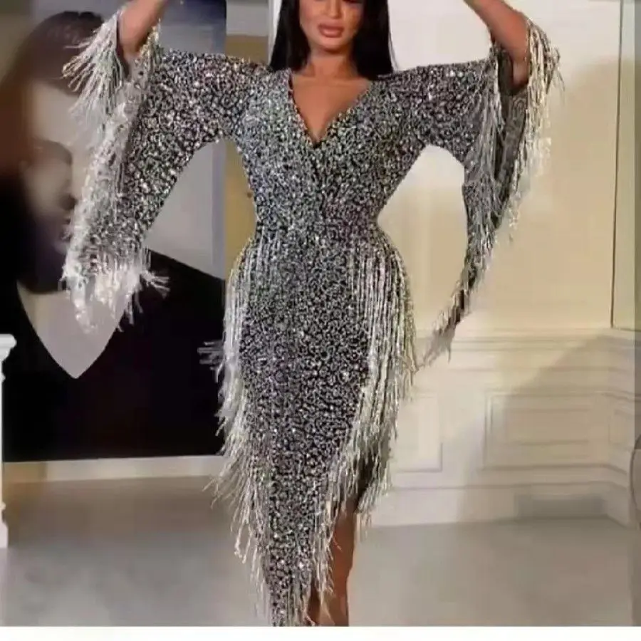 

Sexy Deep V Long Sve Irregular Tassel Dr Sparkling Evening Gown High Waist Batwing Sves for Par Wedding Performance