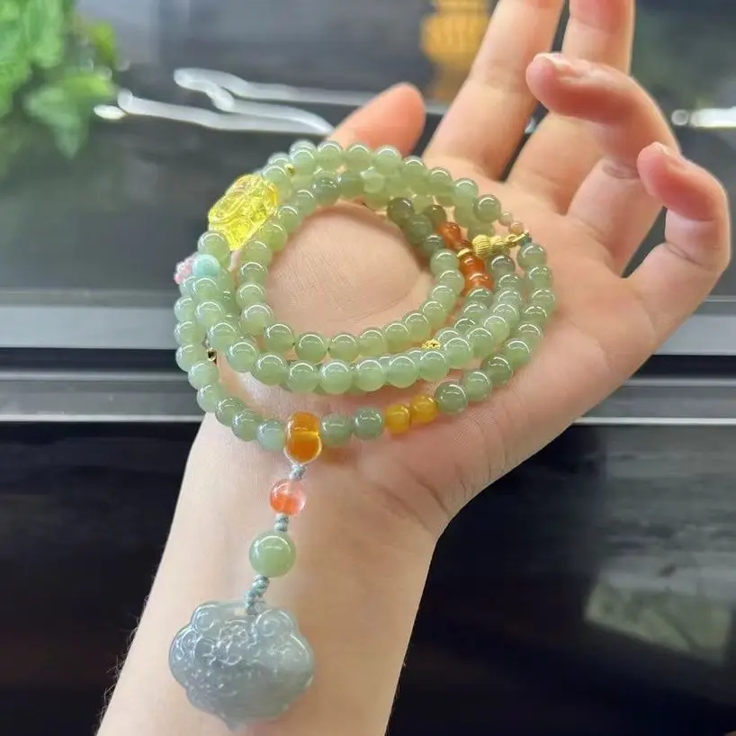 Natural Hetian jade clear water material 6mm multi-circle bracelet, smoke purple ruyi lock + beeswax Nanhong accessories, nation