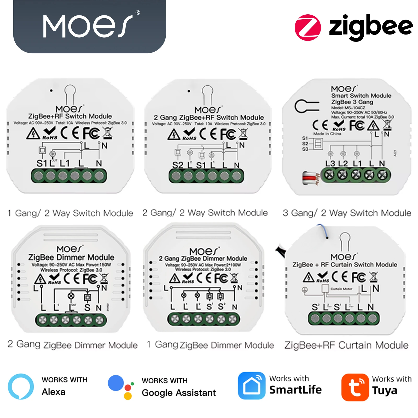 

MOES Tuya Smart ZigBee3.0 Модуль переключателя Smart Dimmer Curtain Switch Smart Life App Дистанционное управление работает с Alexa Google Home