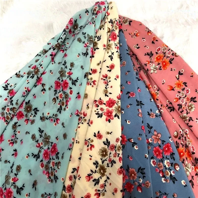 Printed Flowers Micro Elasticity Chiffon Fabric By Meter for Dress Headwear Decoration Diy Sewing Cloth Comfortable Red Pink