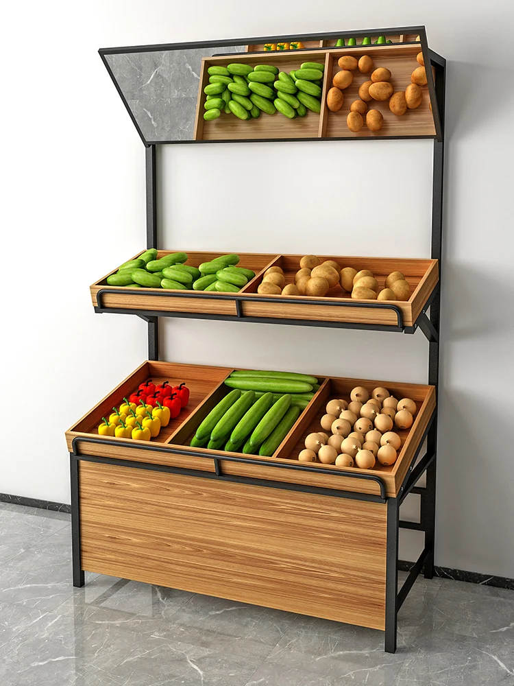 Fruit Shelf Display Rack, Vegetable Rack, Fruit Shop Display Frame, Steel and Wood Fruit and Vegetable Shelf, Commercial