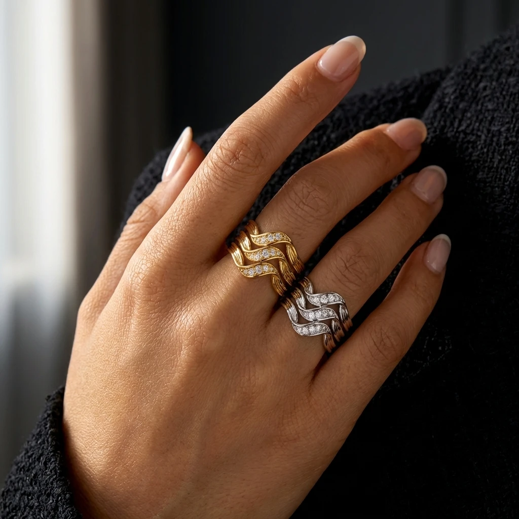 Woven Stacked Illusion Ring for Women Brass Zircon Interlocking Multi Row Paved Statement Delicate Braid Jewelry