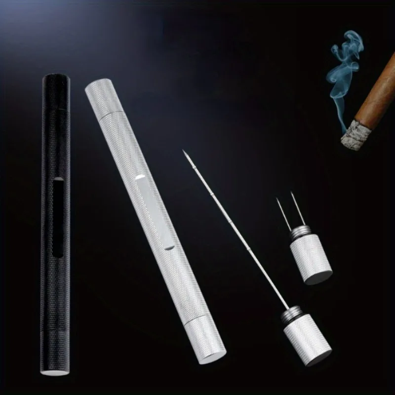 1PC Stainless Steel Double-ended Cigar with Serrated Needle Light Cigar Pick Dredge Drill Type Smoke Ventilator