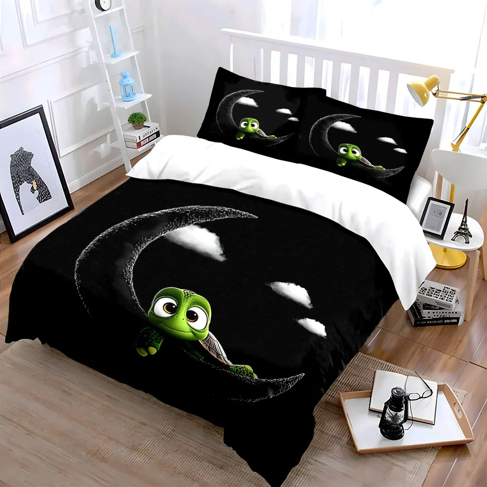 3Pcs Magical Night Bedding Set, Cute Turtle Resting on a Crescent Moon Print Duvet Cover, Whimsical Kids Bedroom Decor