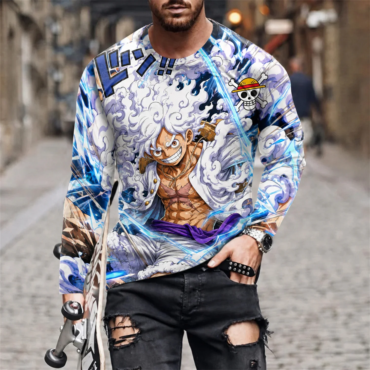 One Piece Luffy Anime T-Shirt Herren Streetwear Casual Herbst Frühling Cosplay Langarm Unterziehshirt Oberteil T-Shirts FamilyMatching – Detail 8