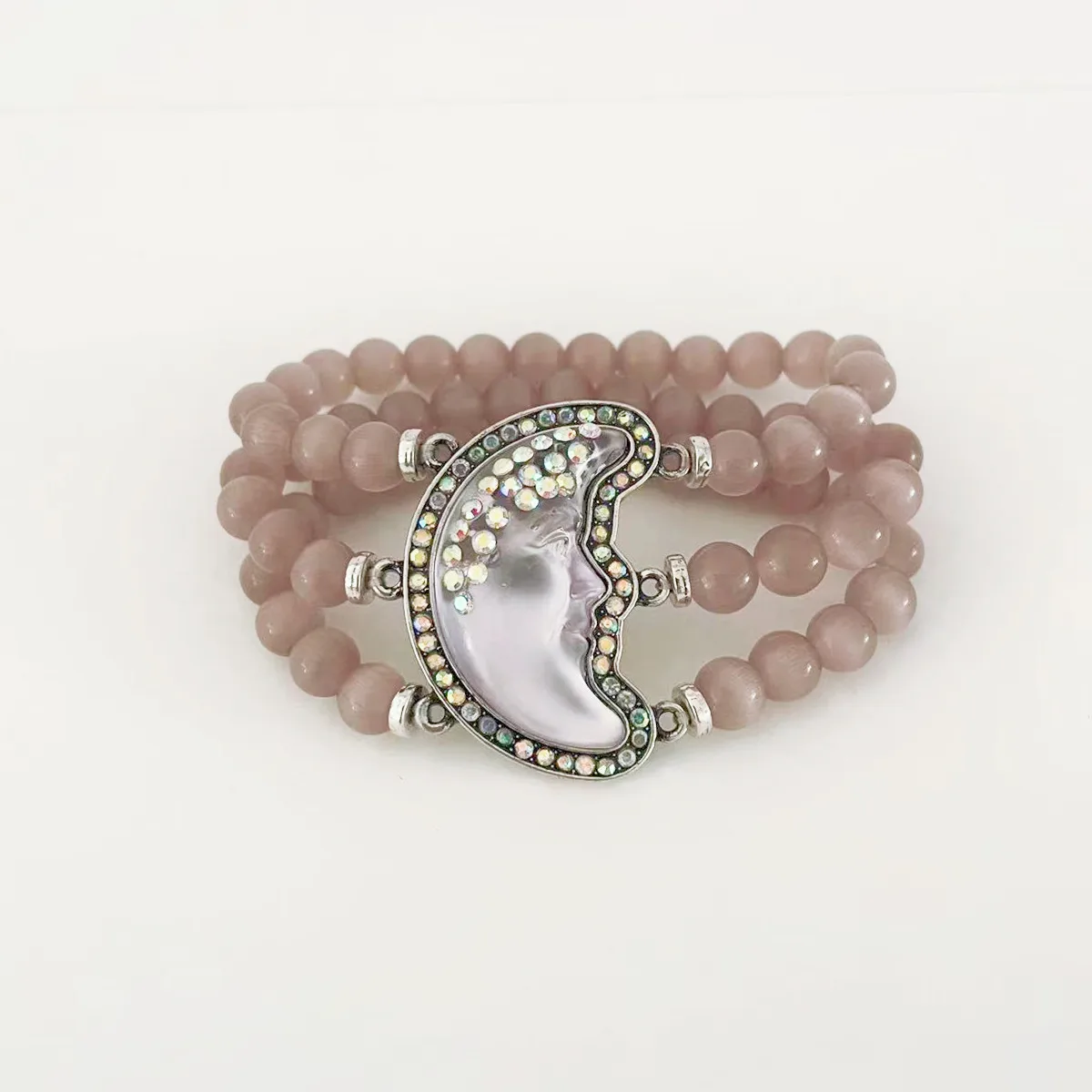 MITTO FASHION JEWELRIES AND HIGH-END ACCESSORIES RHINESTONES PAVED MYSTIC MOON FACE CAT EYE BEADS WOMEN STRETCH BRACELET