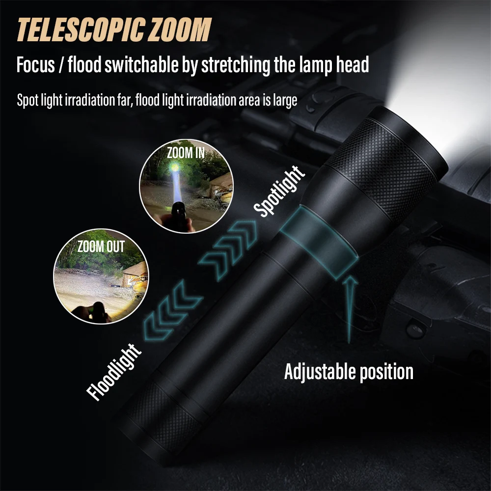 Super bright LED aluminum alloy flashlight Rechargeable torch Outdoor searchlight Portable camping light With telescopic zoom