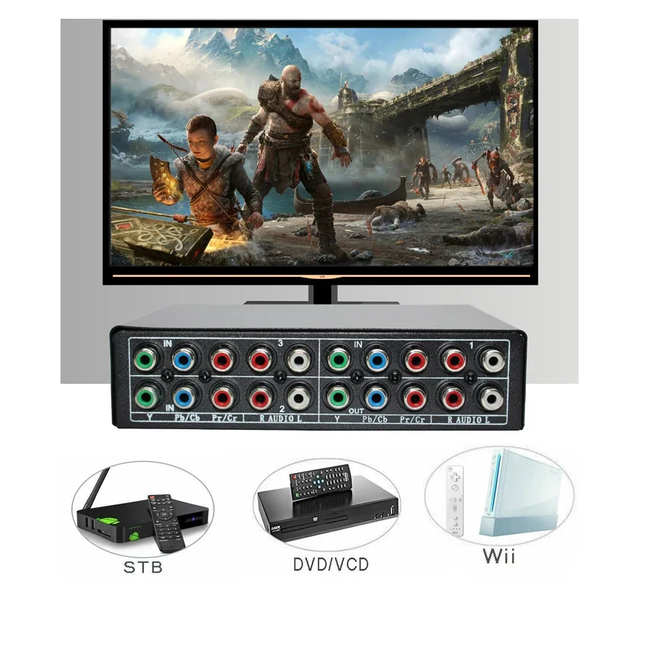 3 in 1 Out Component AV Video Switch Box, Composite 3 RCA AV Switcher AV Splitter Ypbpr per monitor per PS2 PS3 PS4