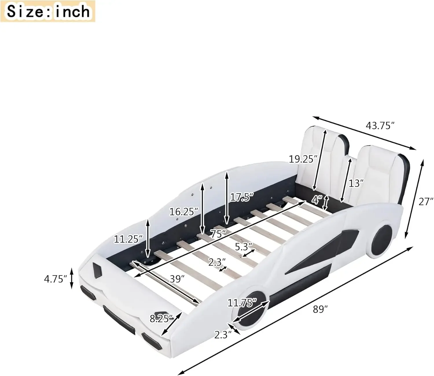 Twin Size Boys Car Bed,Race Car-Shaped Platform Wooden Bedframe With Wheels & Both Sides,Slat Support,Toy Furniture For Kids