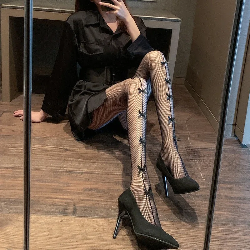 Mulheres sexy oco para fora bowknot collants fishnet malha camarão fio de fundo meia-calça lolita anime cos trajes bonito arco meia