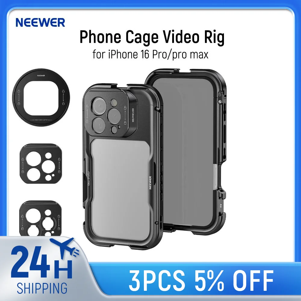 

NEEWER 16 Pro/Pro Max Cage Quick Release Video Rig Стабилизатор телефона, совместимый с iPhone 16 Pro Max с адаптером фильтра 67 мм