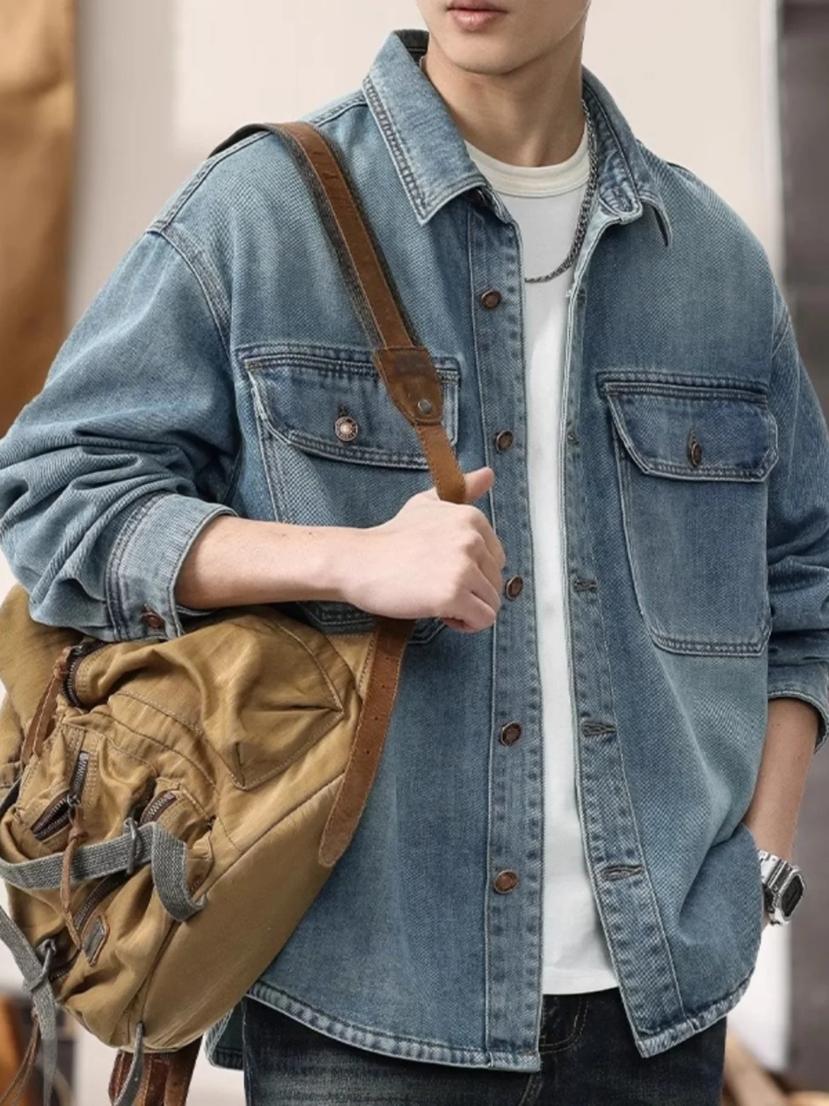 

Мужская джинсовая куртка в стиле ретро American Waed, повседневная, весна-осень, новая, свободного кроя, с длинным рукавом и воротником-стойкой