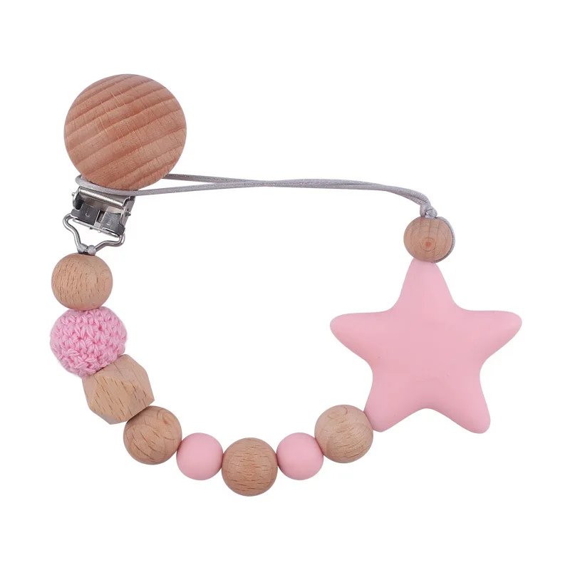 ABCPICK Baby Wooden Dummy Pacifier Clip Chain Silicone Five Pointed Star Nipple Pacifier Name Holder Baby Newborn Shower Gifts