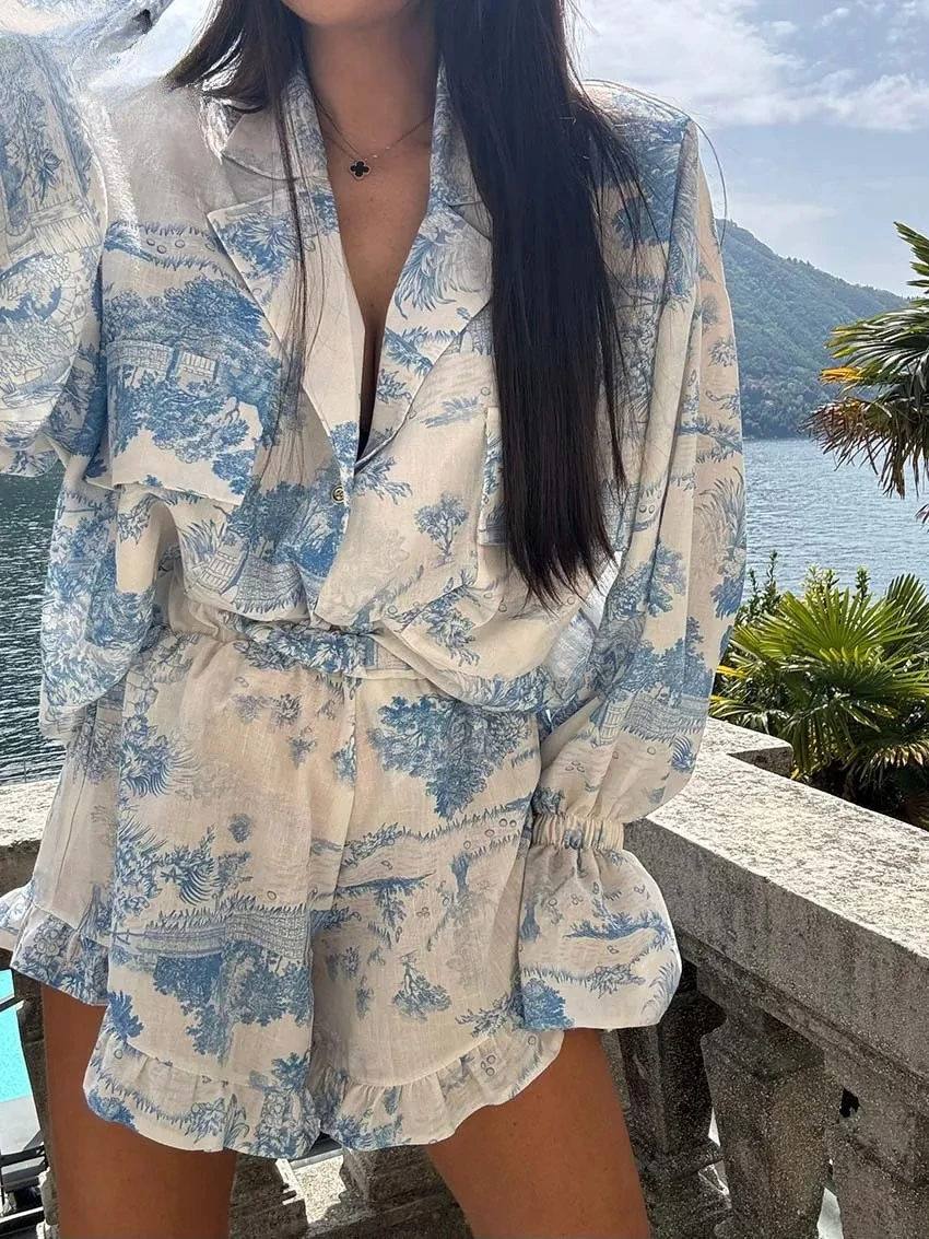 

Summer For Women Elegant Lapel Long Sleeve Pockets Button Shirts And High Waisted Shorts Sets Casual Blue Print Two Piece Sets