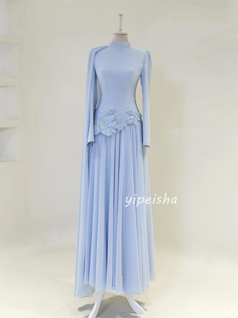 Personnalisé Style moderne mode Jersey à la main fleur paillettes robes de bal droites col haut manches longues robes de soirée