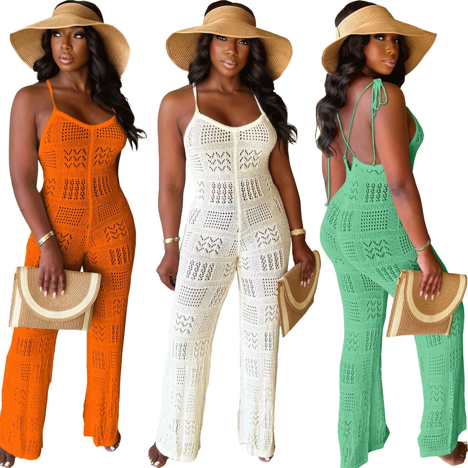 2024 Summer Knitted Hollow Out Strapless Vacation Jumpsuits Women Slash Neck Lace Up Backless Casual Street Beachwear Rompers