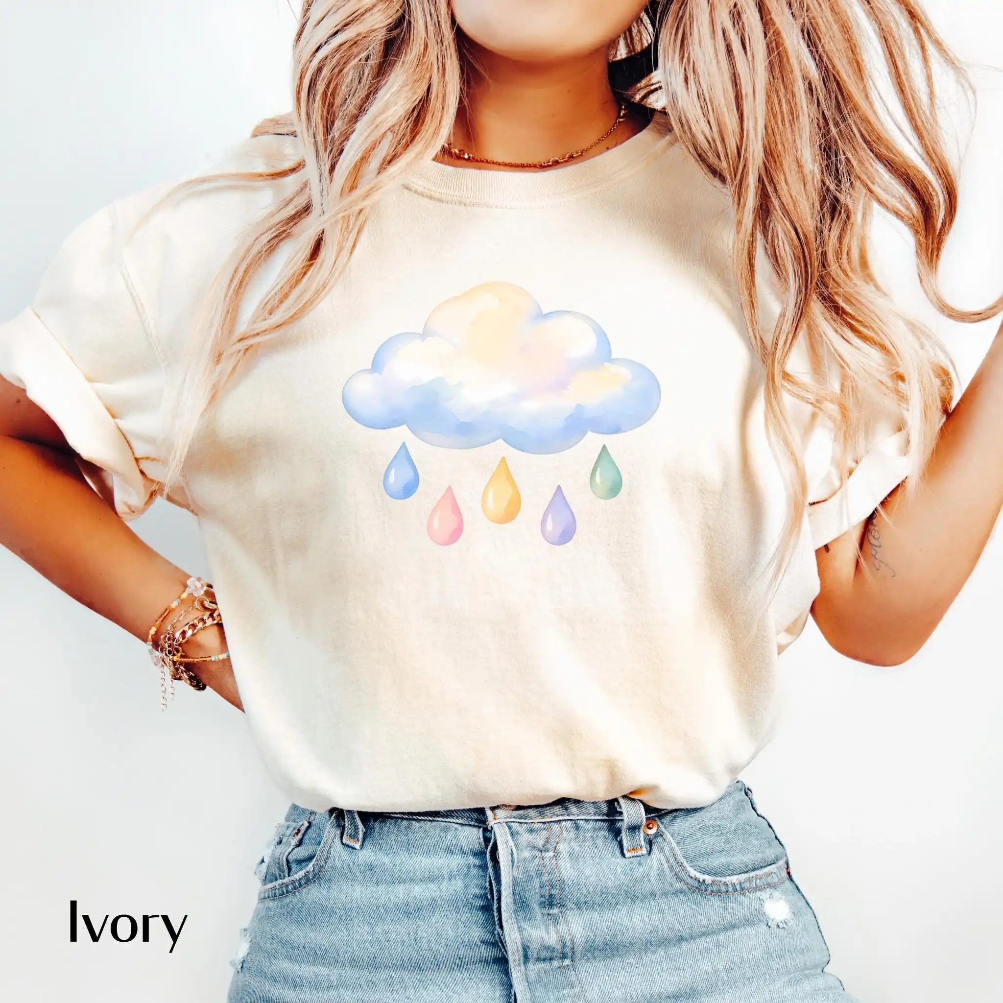 Watercolor Rain Cloud Shirt, Pastel Raindrop T-Shirt, Cute Weather Tee, Whimsical Cloud Shirt, Rainbow Rain Graphic Tee