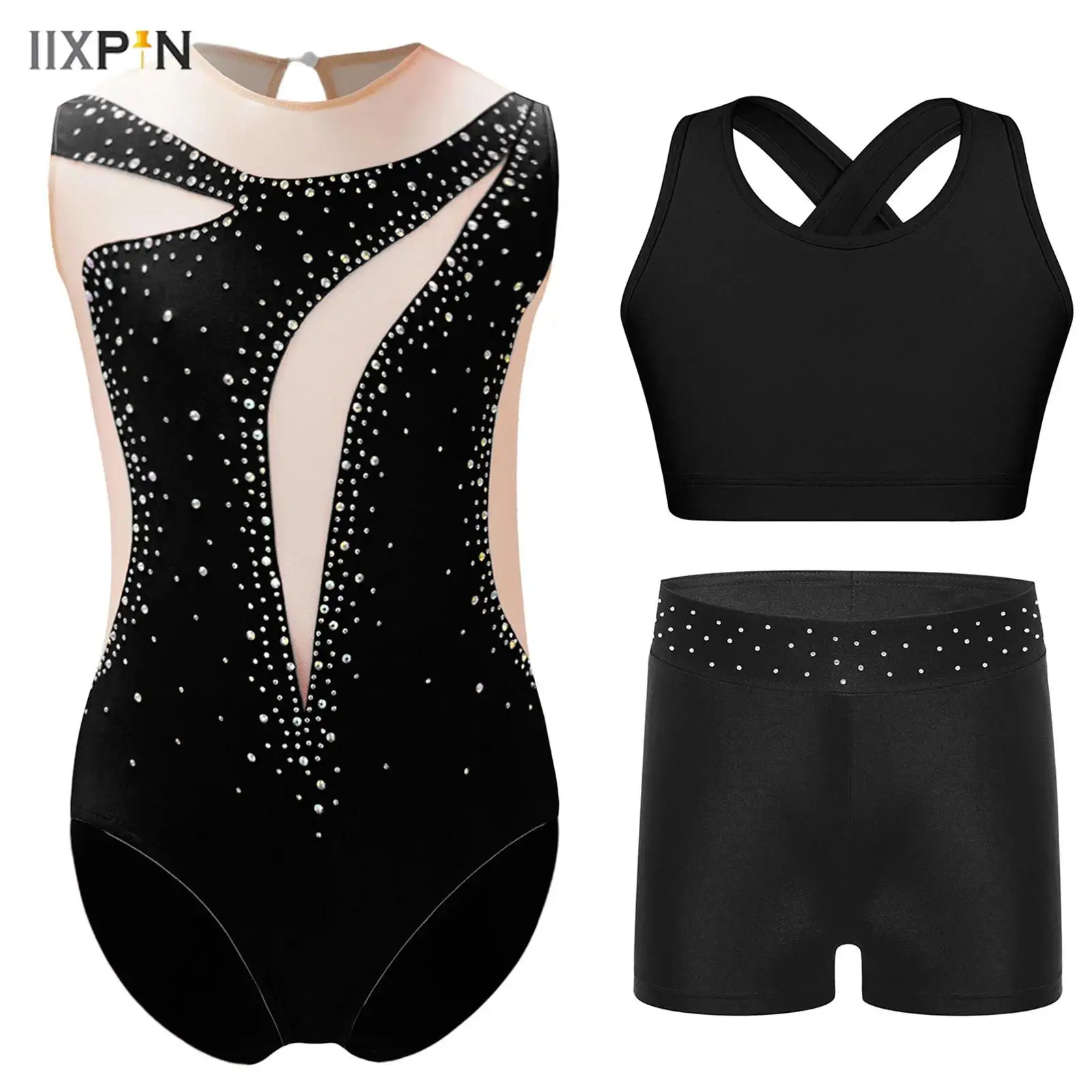

Kids Girls Gymnastics Dance Figure Skating Performance Outfit Sheer Mesh Patchwork Shiny Rhinestone Leotard with Vest and Shorts