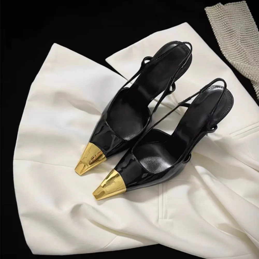 Designer Women's High-heeled Sandals Summer New Metal square Head Patent Leather Black Stiletto Pumps Sexy Party SlingBack Shoes