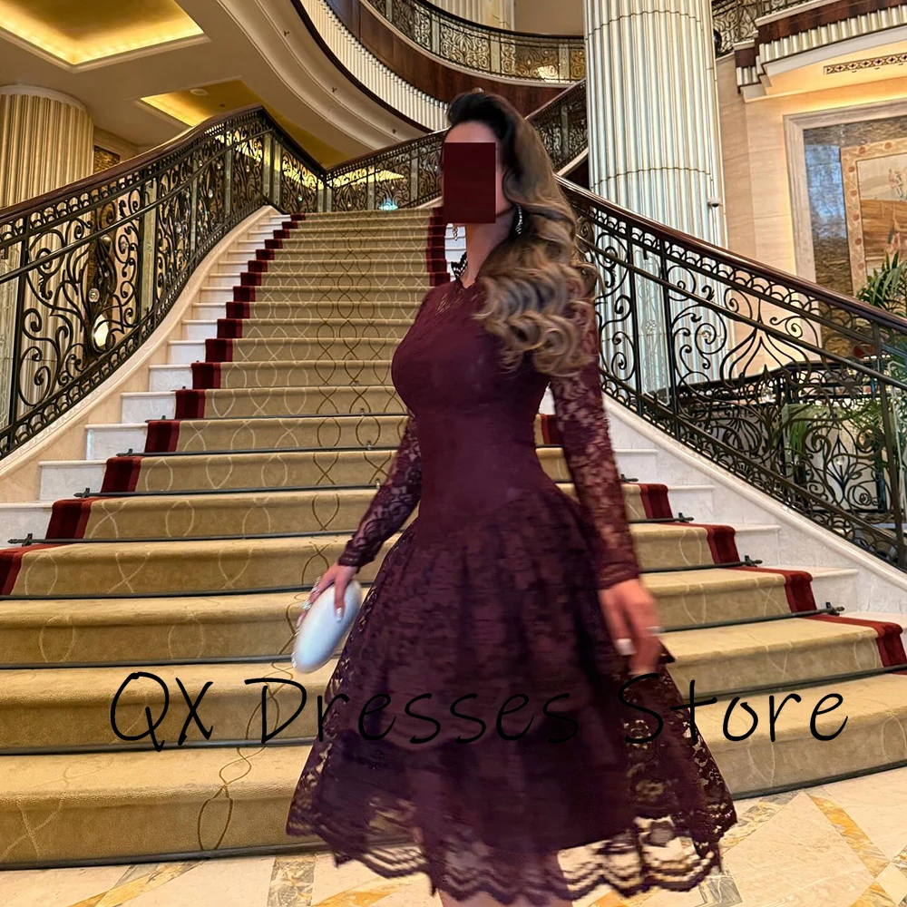 Customized Burgundy O-neck Lace Party Gown ILLUSION Full Sleeves Pleat Tiered Prom Dress Ruffles Knee Length Party Dresses image 4