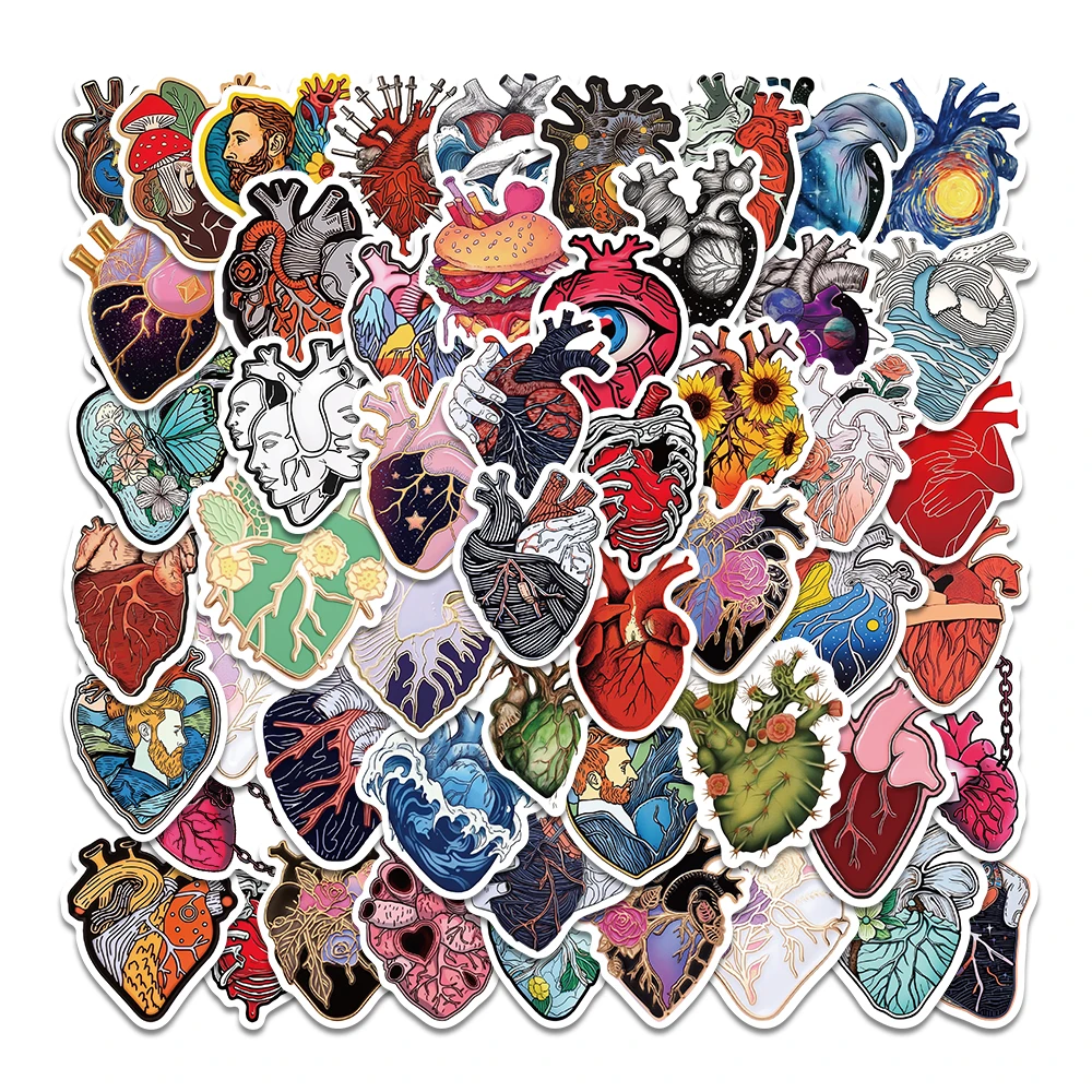 50Pcs Beneath the Waves Anatomical Heart Stickers for Water Bottle Laptop Phone Scrapbooking Gift for Teens Kids Nurse Decals