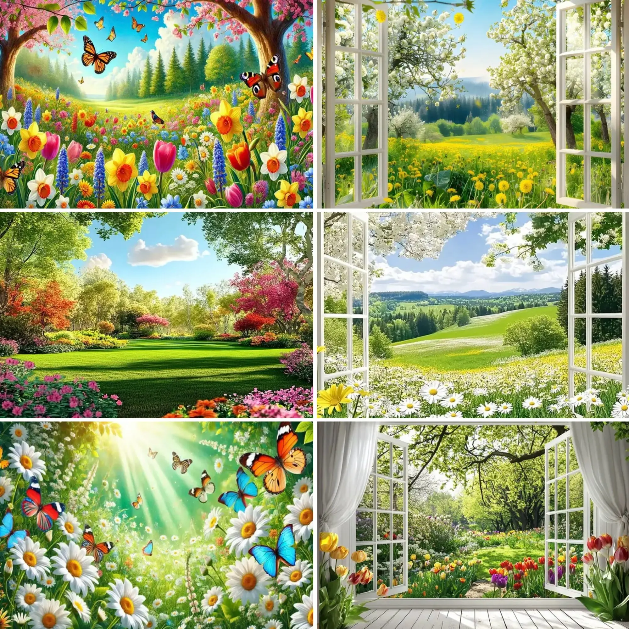 

Spring Flower Party Decor Background Garden Grassland Natural Landscape Cherry Blossoms Window Photo Background Kids Gifts Props