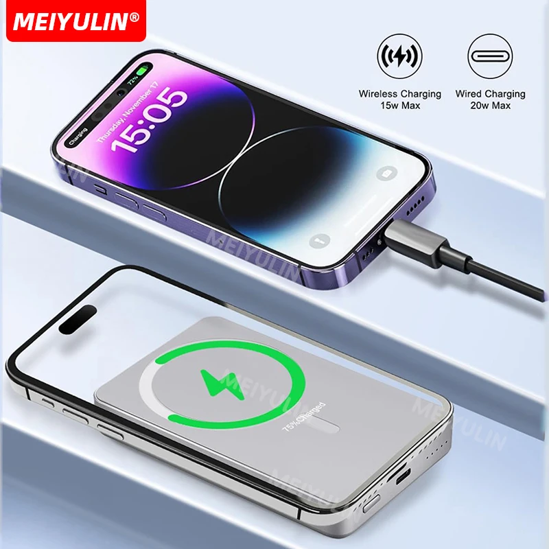 10000mAh Magnetic Wireless Power Bank Portable USB C Fast Charging Universal External Spare Battery For iPhone 16 Samsung Xiaomi