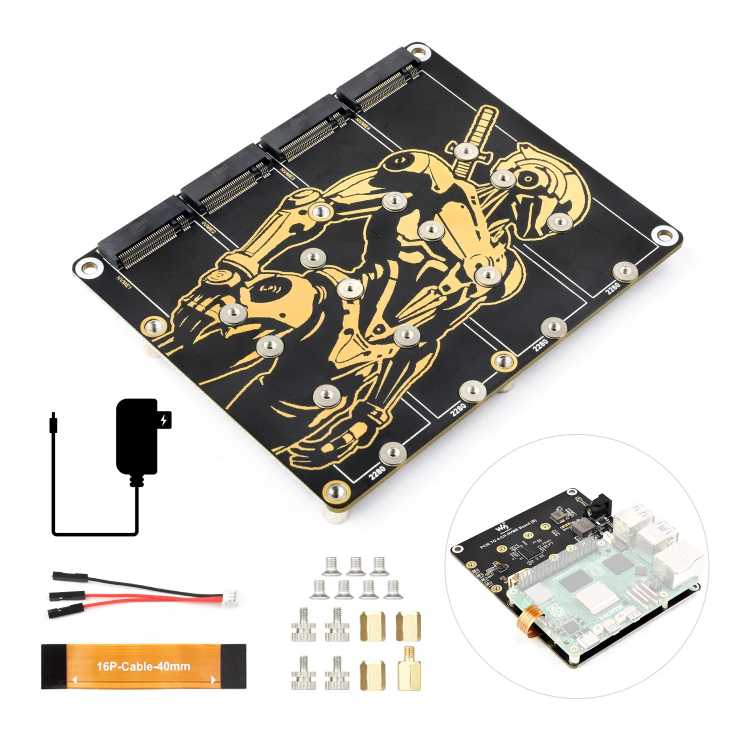 Waveshare PCIe To 4-Ch M.2 Adapter Board, Raspberry Pi 5 NVMe Supports 4-ch NVMe Solid State Drives,Designed for Raspberry Pi 5
