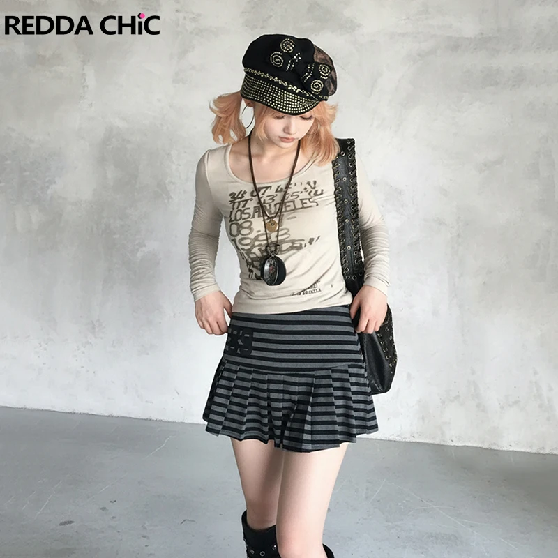 REDDACHiC Women Striped Pleated Skirt with Slip Shorts Lettering Low Waist A-line Mini Skirt Vintage Grunge Y2k Summer Bottoms