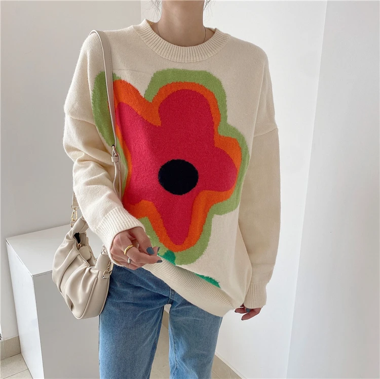 Y2k Flower Printed Cottagecore Casual Oversized Sweater Women Autumn Long Sleeve Knitted Jumper Pullovers Korean Fashion Winter