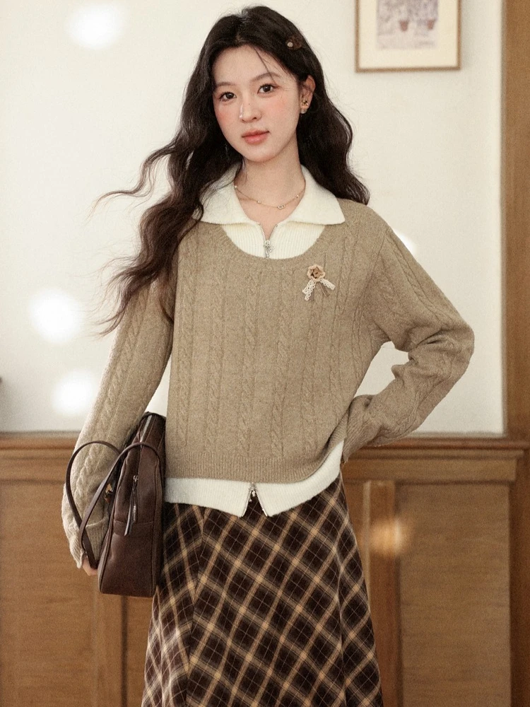 

ALXNAN Women's Sweater Khaki Color Block Zip Collar 3D Flower Sweater Fall Winter Layered Look Long Sleeve Tops Female DYL662190