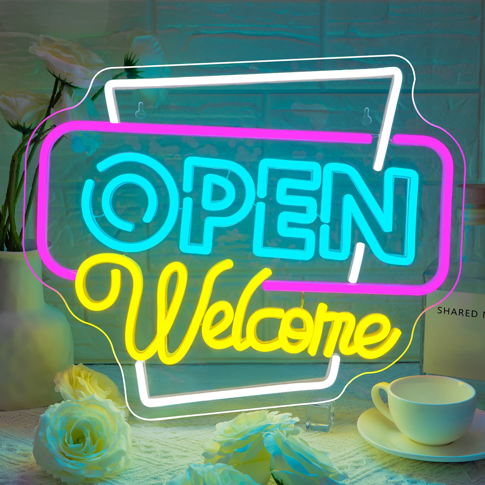 Enseigne néon 'Open Welcome', Enseigne néon 'Open', Lettre lumineuse néon 'Open' colorée, Publicité néon USB à intensité variable pour Vitrine de magasin, Fête, Bar, Salon, Café