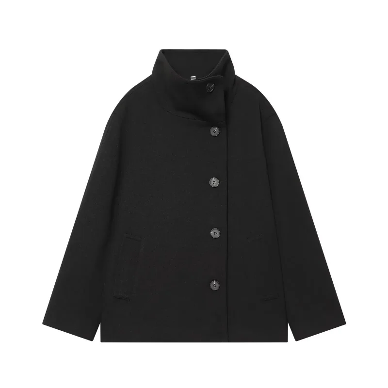 

Double-Row Buttoned Woolen Coat Casual Stand Collar Commuter Sle Women's Long Sve Outerwear for Autumn Winter