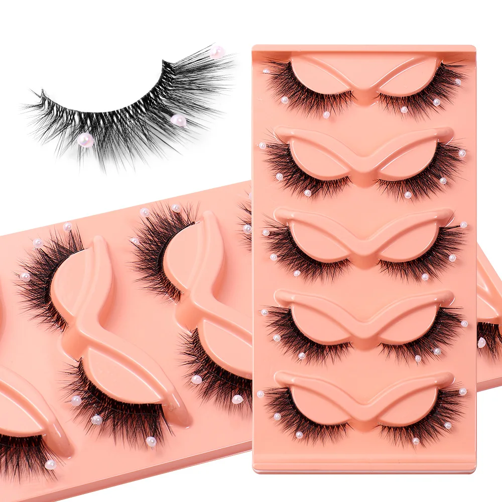 Holloween 5 Pairs False Eyelashes 3D Pearls Decoration Cat Eye Lashes Natural Curly Makeup Eyelash Extension Tool Accessories