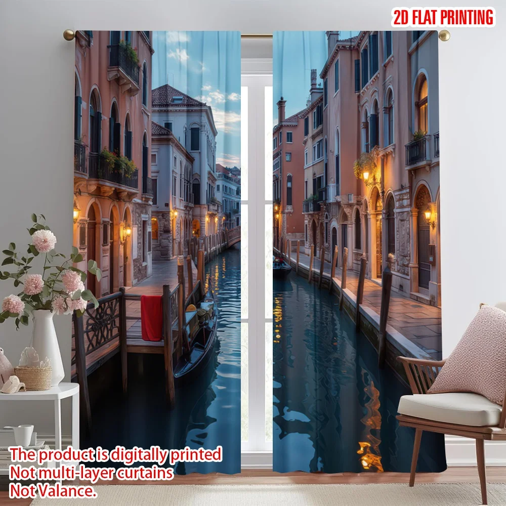 

2D flat printing 2pcs Window Curtains Venice Twilight Canal Scene Digital Printed Polyester Drapes All Season Party & Holiday