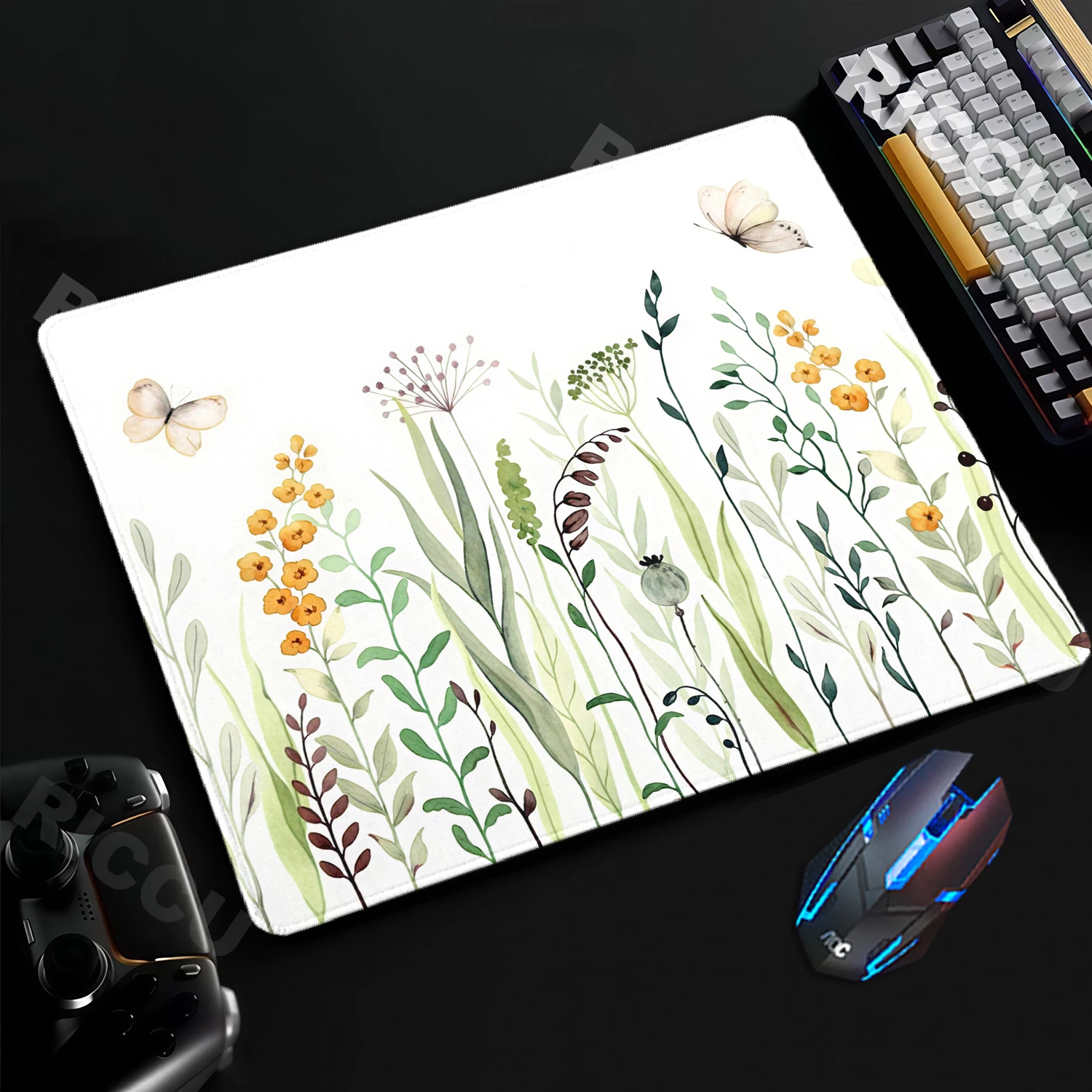 Retro-Blumen-Mauspad im Bohemian-Stil mit Blumen- und Pflanzenmotiven, Ästhetisches Mauspad für Büro, PC-Tastatur, XS Schreibtischunterlage, Bürozubehör