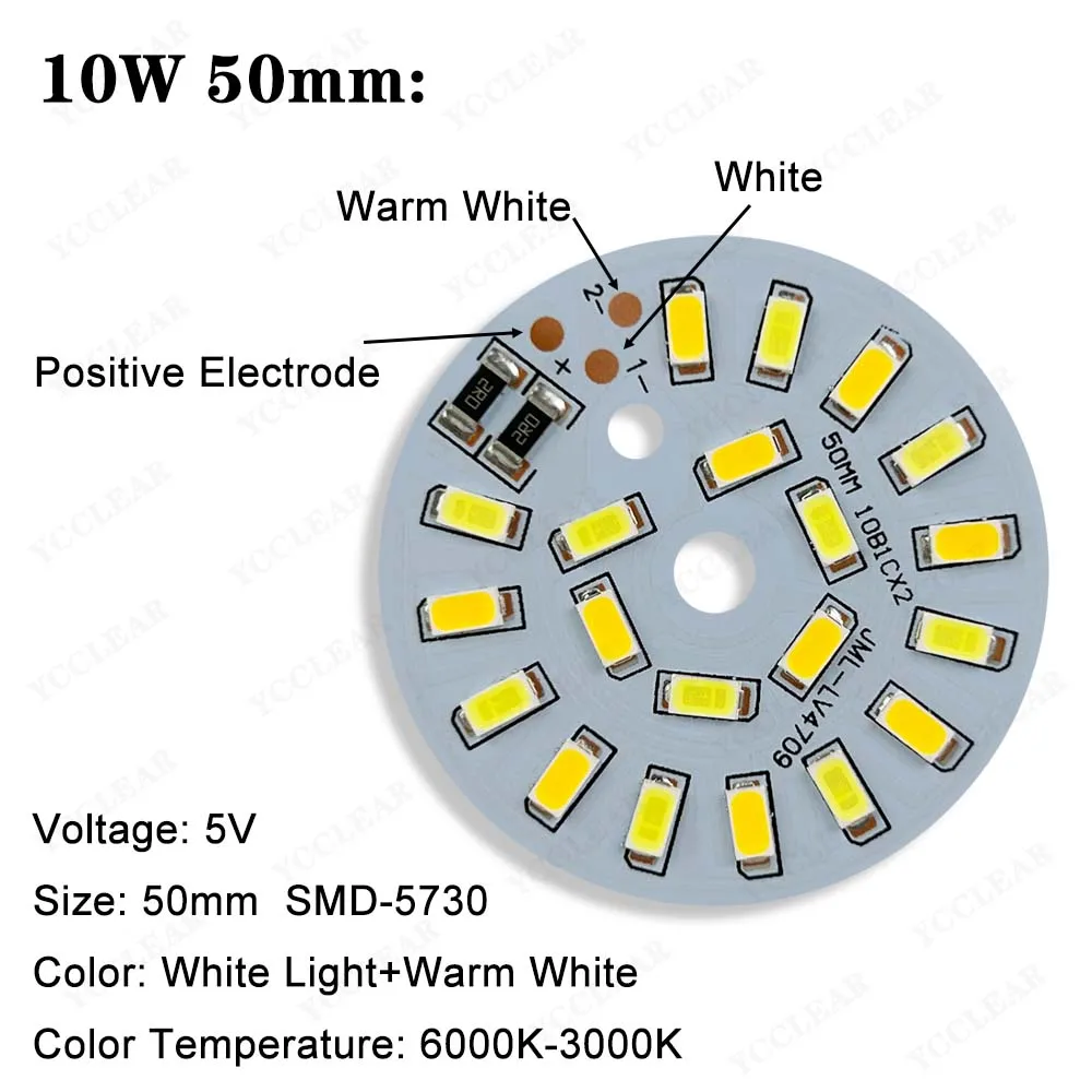 10 pz LED SMD5730 chip 10 W 5 V luce bianca calda doppio colore diametro 50mm lampada perlina sorgente luminosa per faretto fai da te da incasso