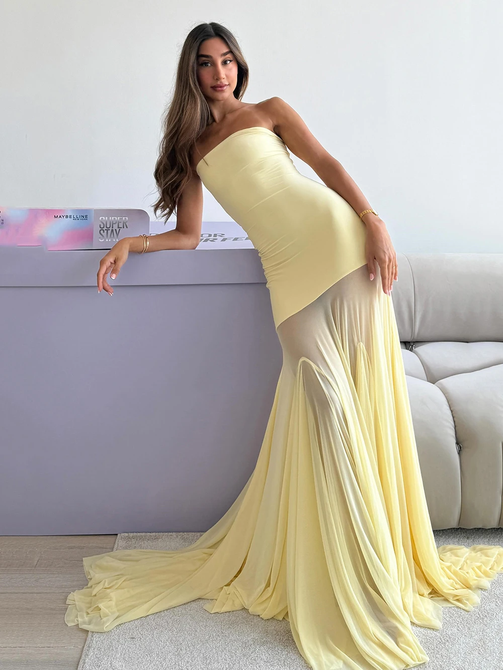 Modphy moda sem alças malha retalhos maxi vestido elegante sem mangas sem costas festa de férias casamento roupões longos 2025 novas mulheres