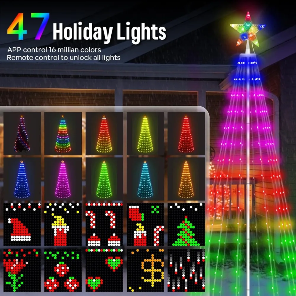 Weihnachtsbäume, 1,8 m, zum Selbermachen, für den Außenbereich, für Hof mit 47 vorbeleuchteten Lichtern, LED-Weihnachtsbaumbeleuchtung, Farbwechsel, Synchronisierungs-Musikdekorationen