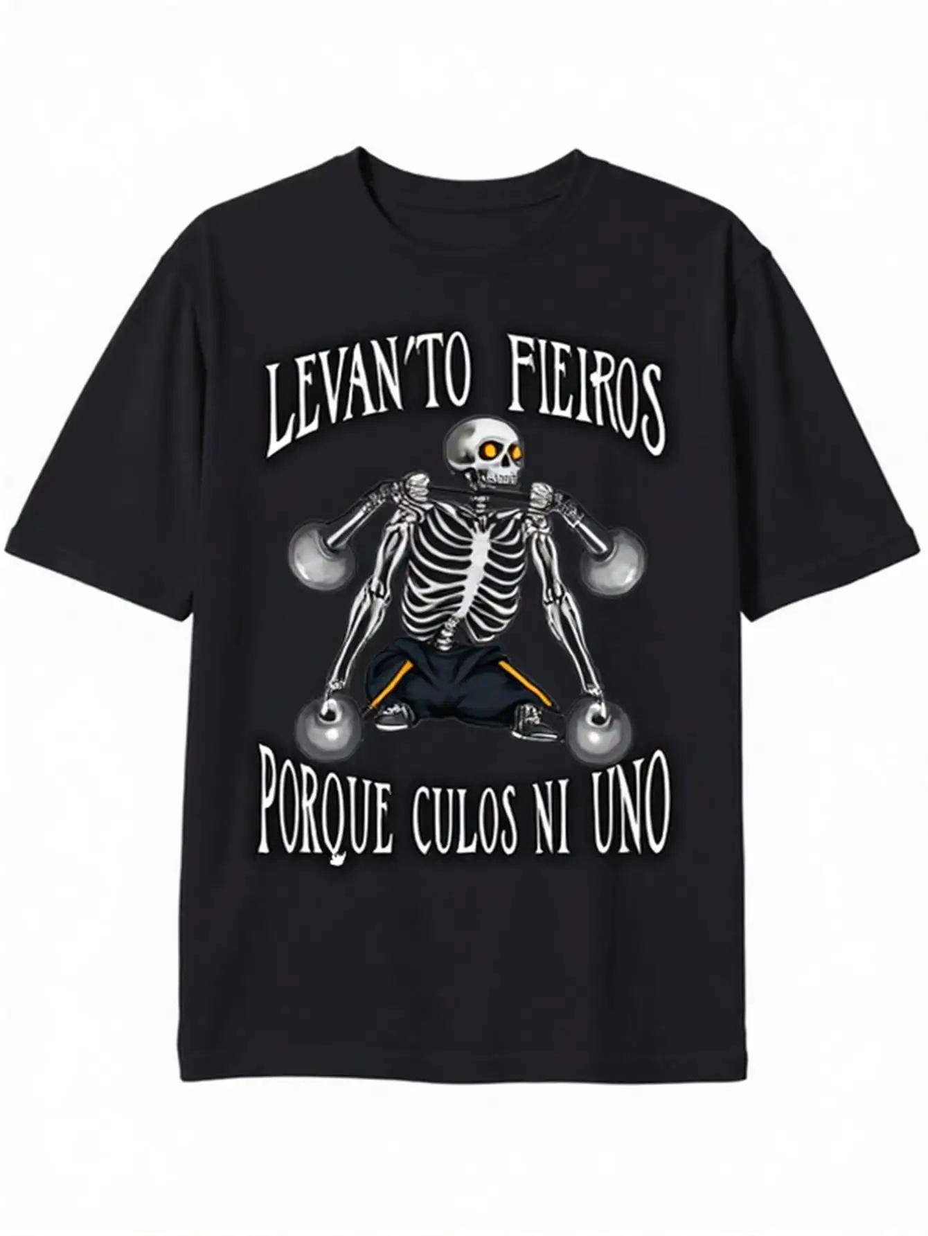 

Men's Fitness and Halloween Graphic T-Shirt with Skeleton Weightlifting Design Featuring the Text "Levanto Fieros Porque Culos Ni Uno," Soft and Breathable T-Shirt