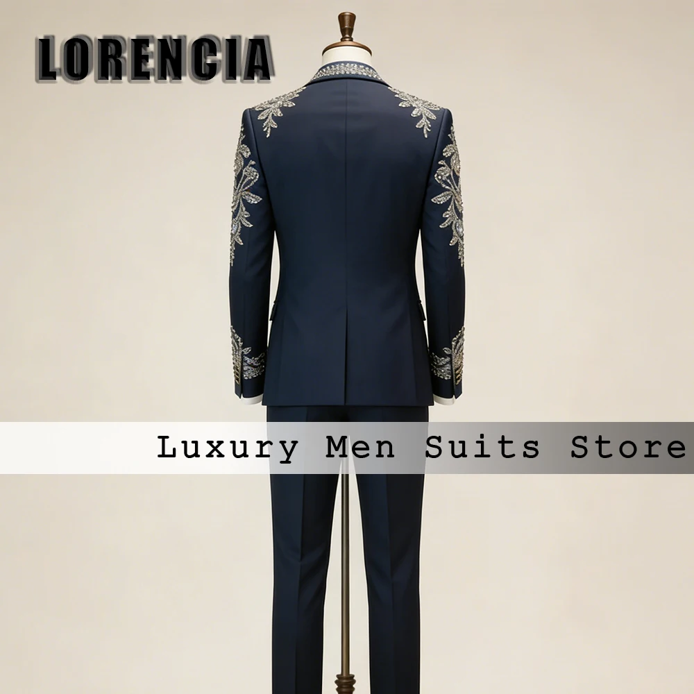 

Glitter Crystal Male Suits 3 Pieces Peaked Lapel Tuxedo Wedding Party Outfit Customized Blazer Pants jaqueta masculina couro