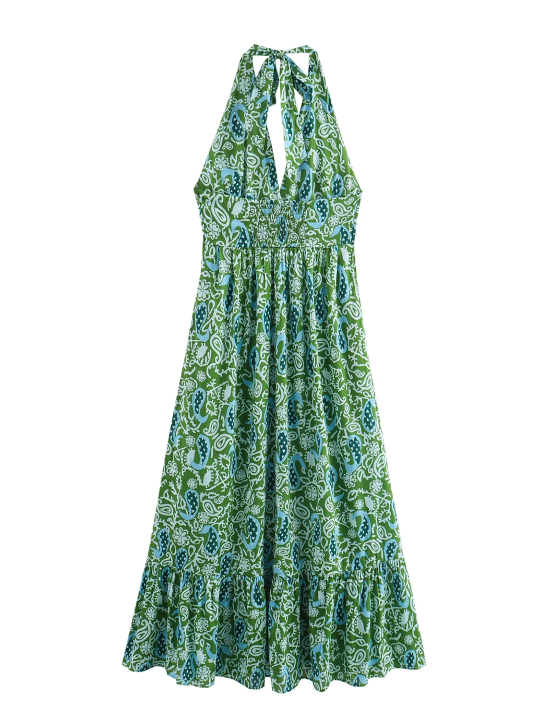 Vestido boho com estampa Paisley vintage para mulheres, decote em v, halter sem mangas, vestido maxi, vestidos longos de verão, bainha babada, 2022