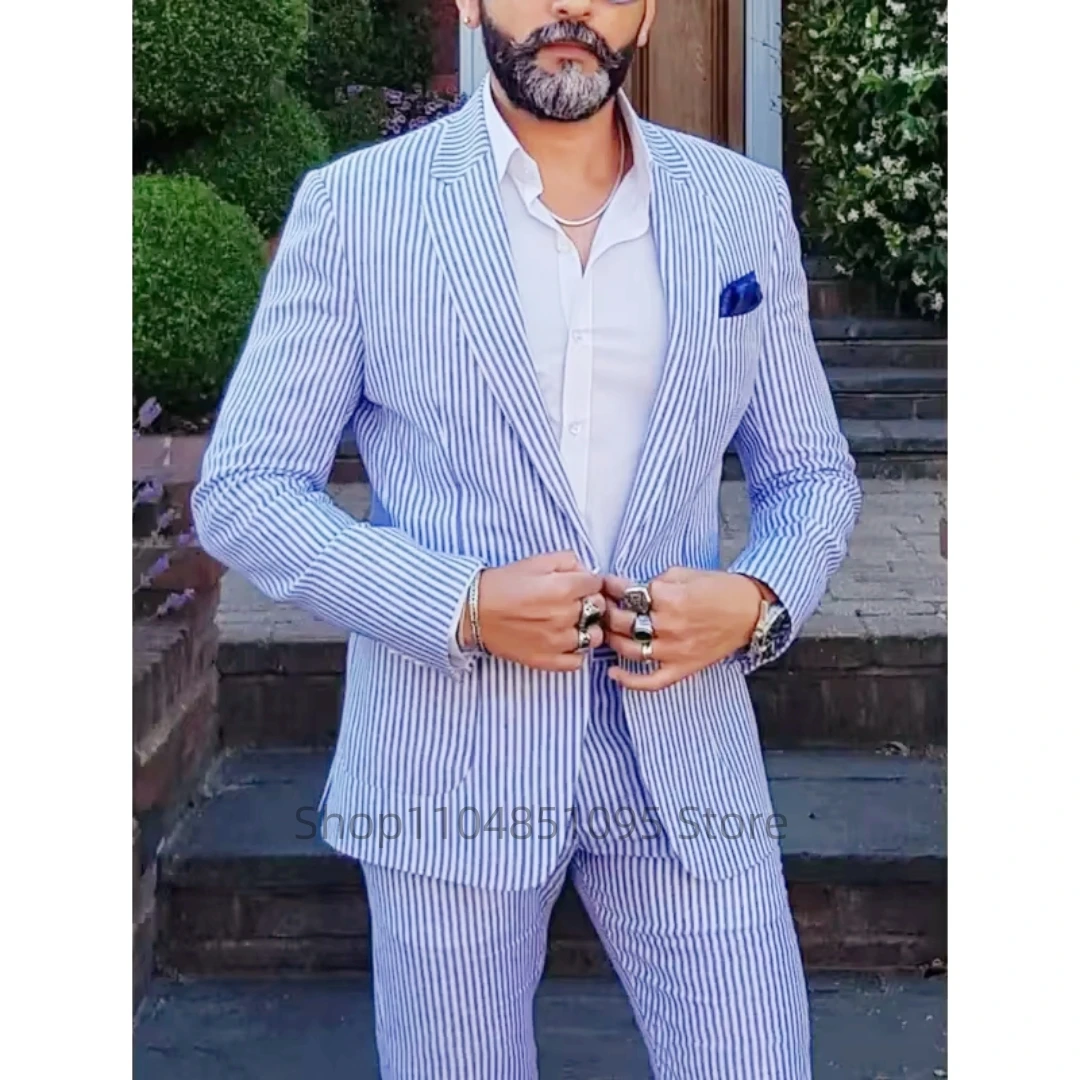 

Seersucker Summer Light Blue Men'S Suit Luxury Elegant Groom Tuxedos Sets Slim Fit 2 Pieces Single Breasted Male Jacket Pants