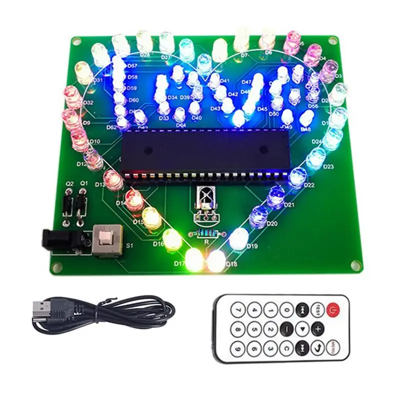 A01F-DIY Electronic Kit Colorful LED Flash Love Heart DIY Remote Control Soldering Project Kit Valentine's Gift