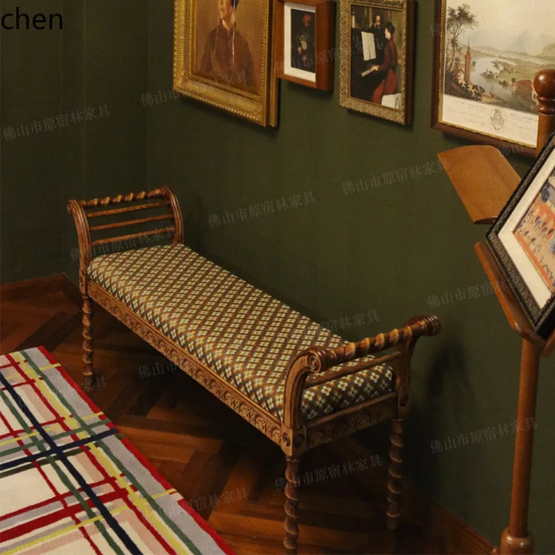 HT Vintage Shoe Changing Bench Solid Wood Bedside Wooden Household Long Bench